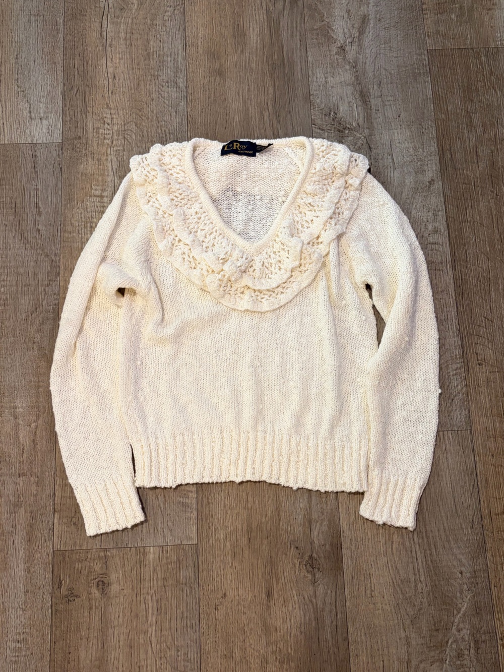 Vintage Cream V-Neck Sweater with Ruffle Neckline. Size S Coquette Winter Cozy